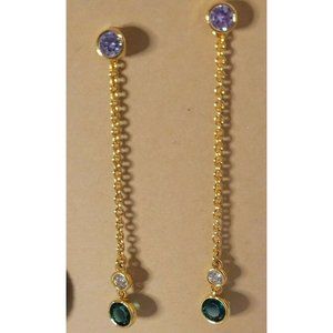 Line Drop Earrings  with Double White & Green Color Bezel Set Stone Gold Tone